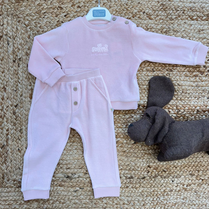 tuta neonata rosa con felpa ricamata e pantalone coordinato con bottoni
