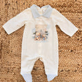 Tutina bimbo in 100% cotone panna con colletto celeste e stampa orsetti