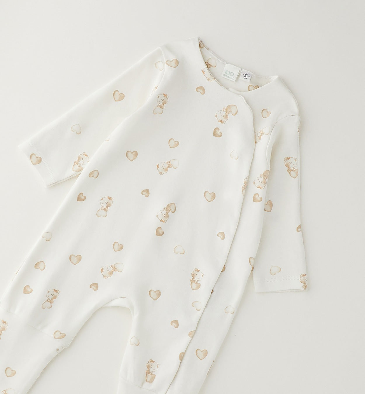 Retro tutina neonata in caldo cotone panna con fantasia orsetti e cuori beige