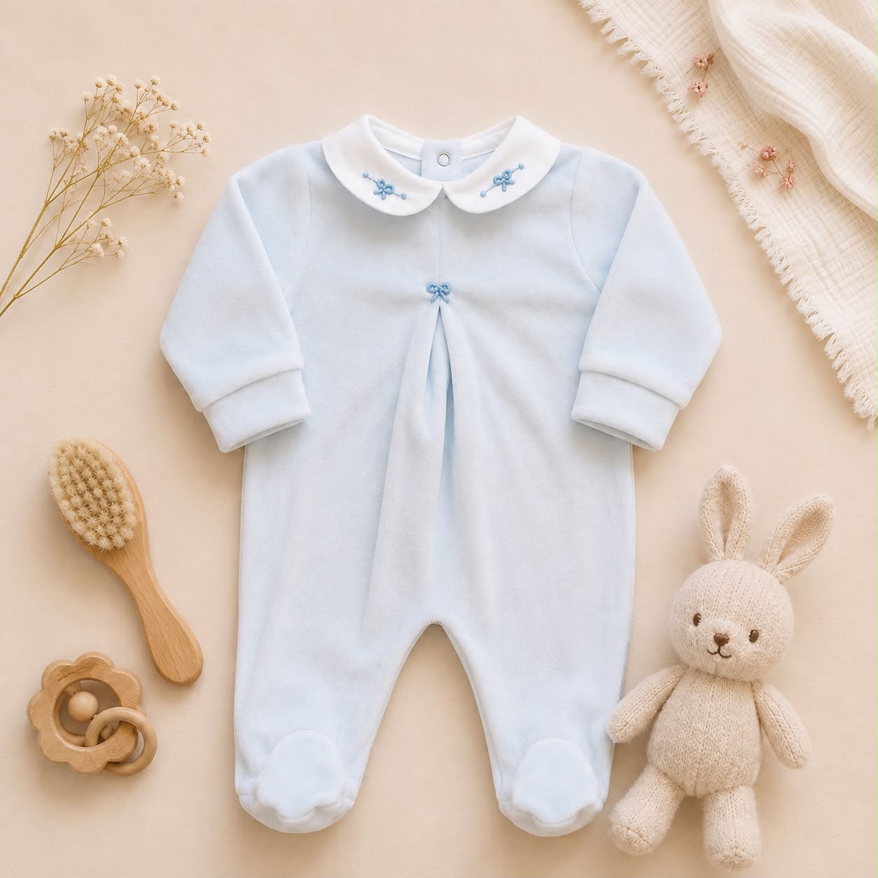 Tutina in ciniglia neonata coordinata con accessori prima nascita e ricami floreali rosa.