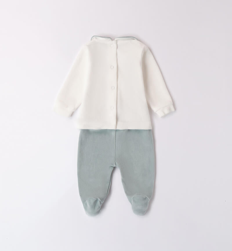 Tutina neonata ciniglia panna e verde con cuori