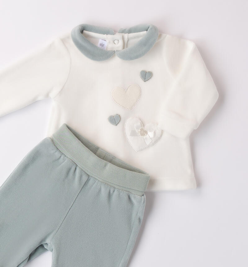Tutina neonata ciniglia panna e verde con cuori