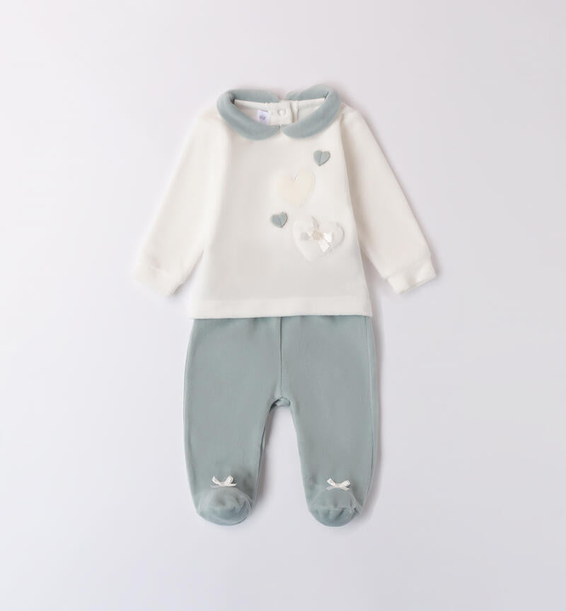 Tutina neonata ciniglia panna e verde con cuori