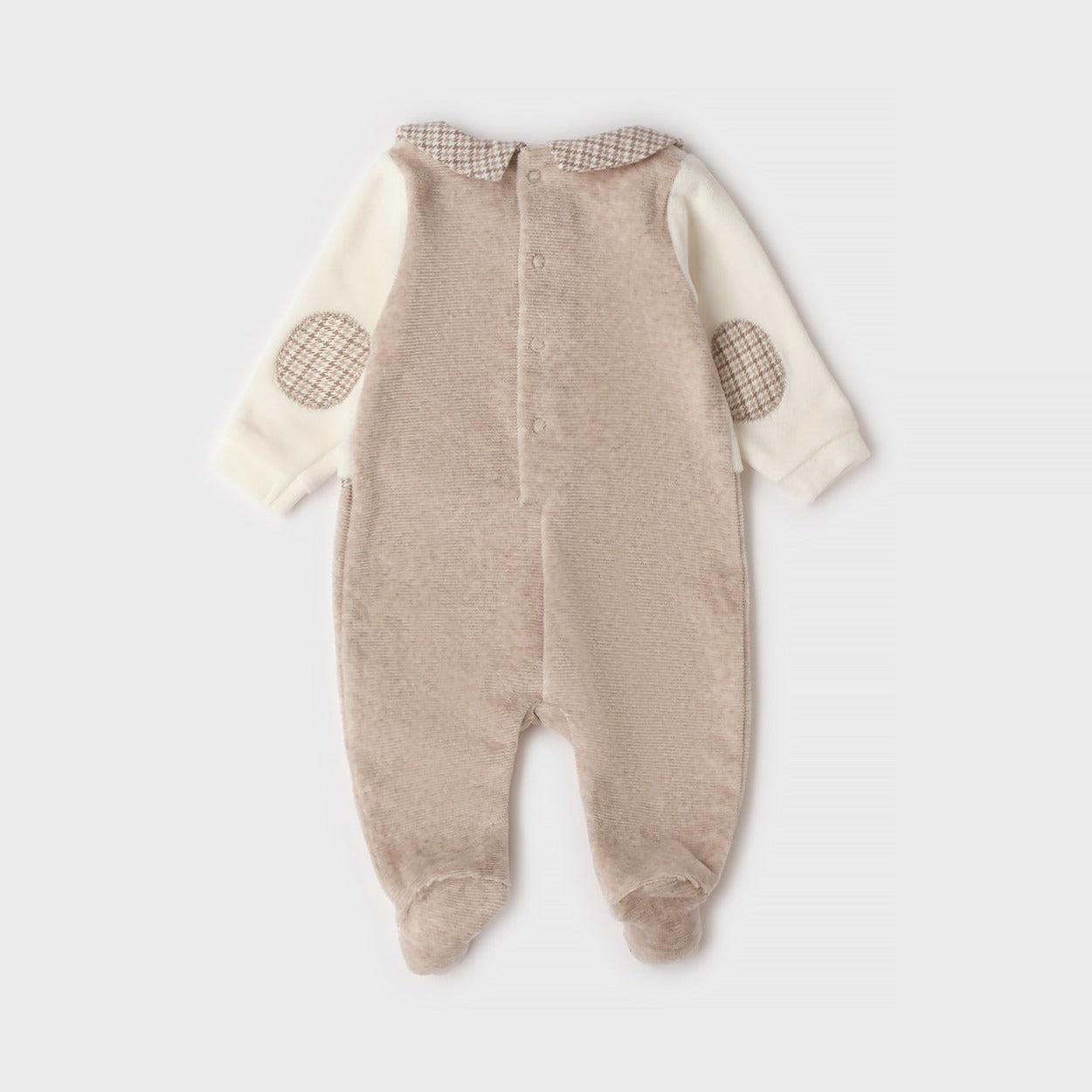 Tutina neonato in ciniglia beige e panna con colletto pied de poule e taschino per corredino nascita