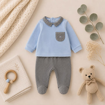 Completo neonato in ciniglia azzurro e grigio con piedini