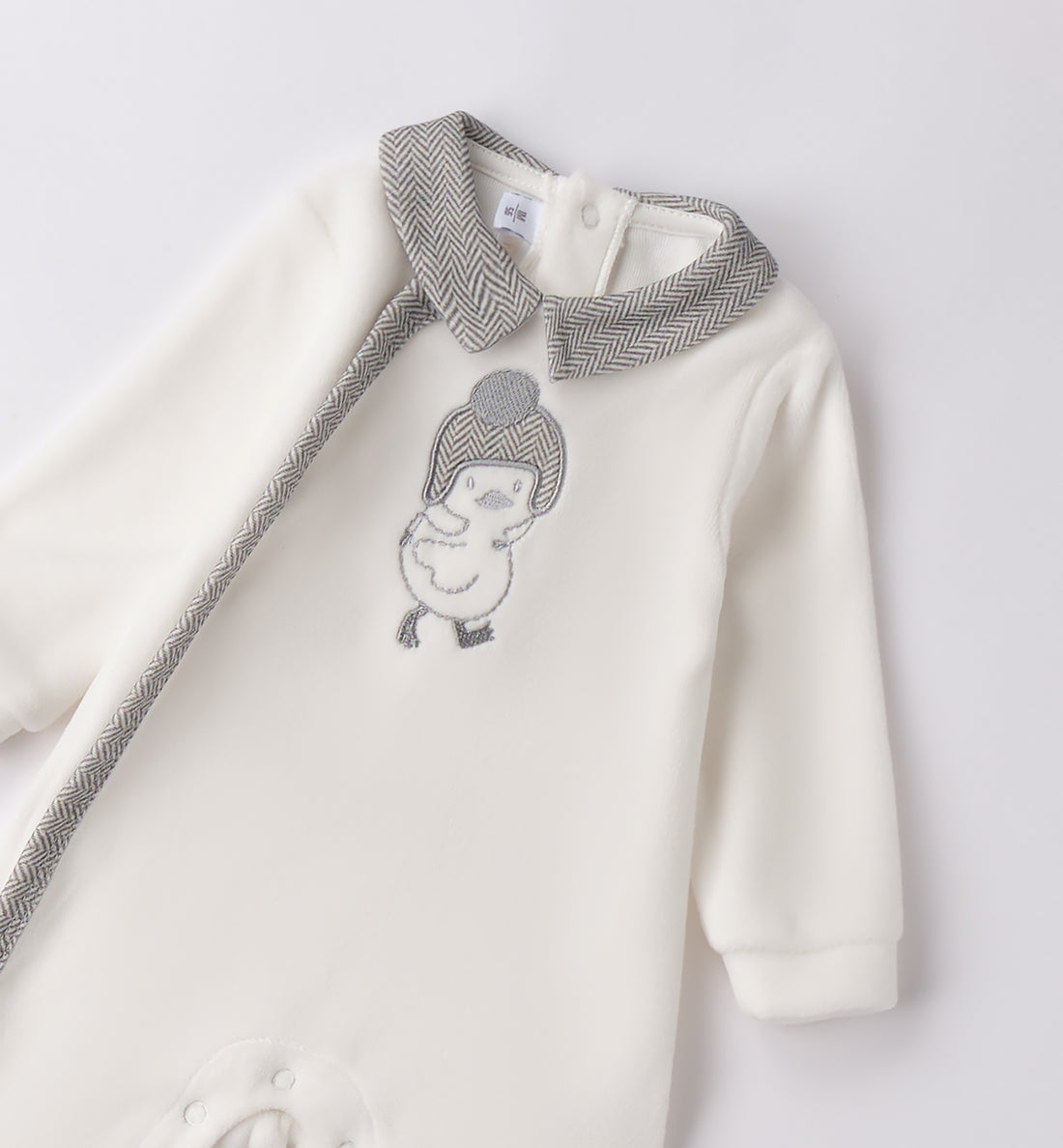 Tutina in ciniglia neonato panna e grigio con ricamo anatroccolo