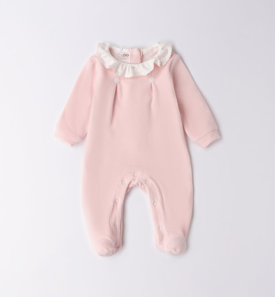 Tutina ciniglia rosa con colletto bianco arricciato