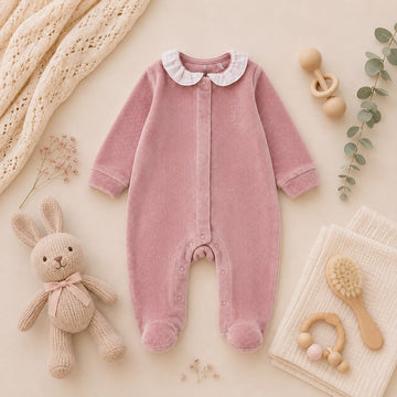 Tutina neonata in ciniglia rosa con colletto e coniglietto
