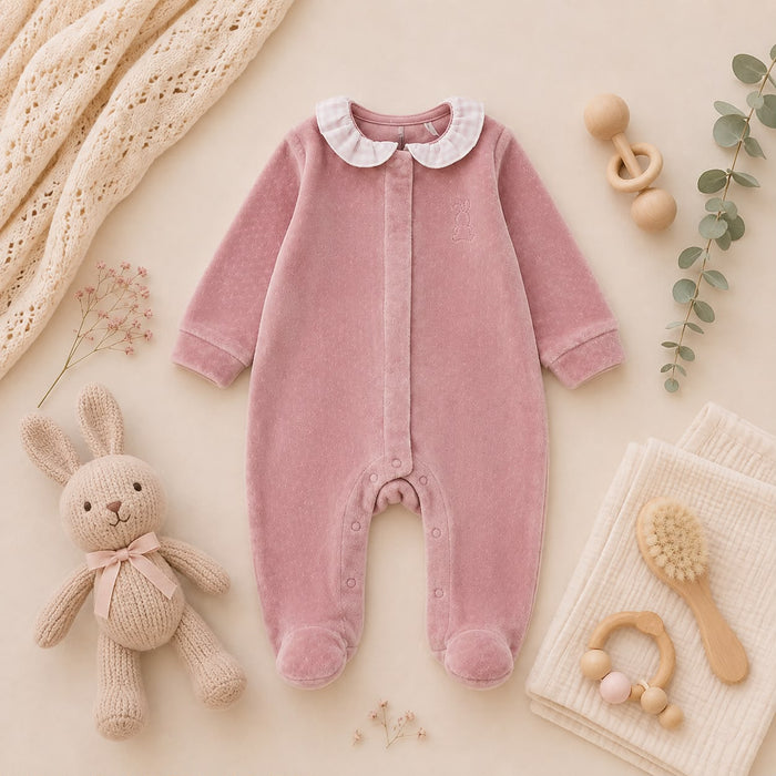Tutina neonata in ciniglia rosa con colletto e coniglietto