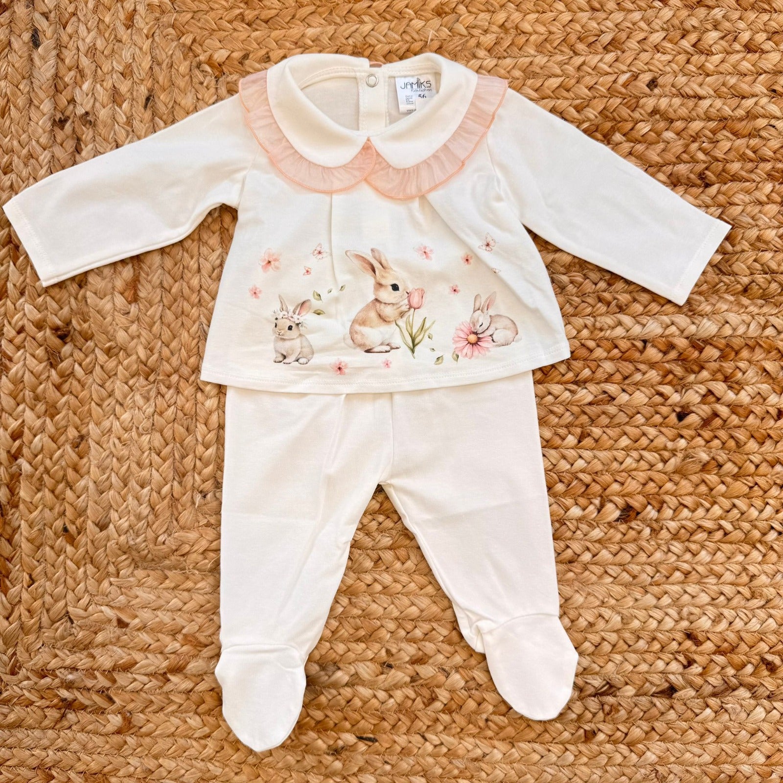 Tutina bimba in 100% cotone panna con colletto e stampa coniglietti e fiorellini