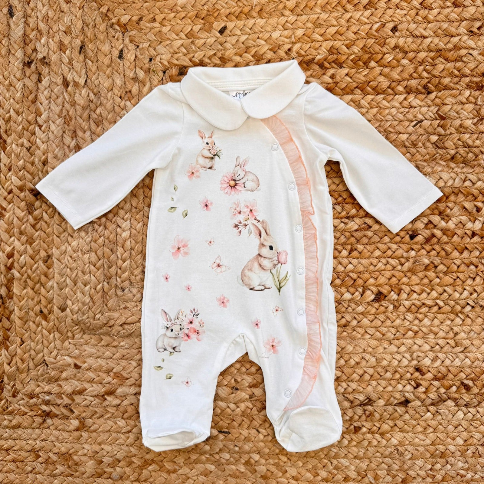 Tutina bimba in 100% cotone panna con colletto e ruches rosa