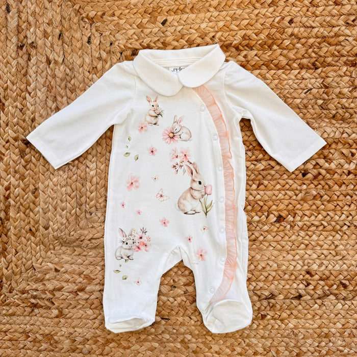 Tutina bimba in 100% cotone panna con colletto e ruches rosa
