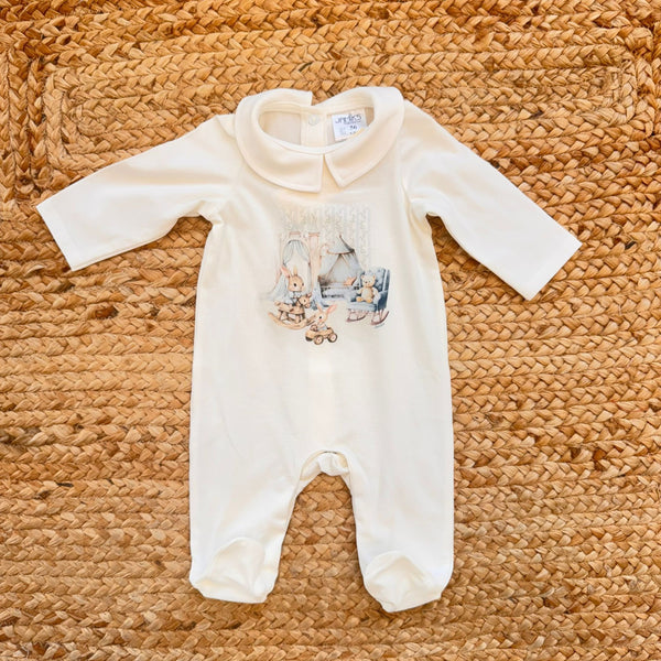 Tutina bimbo in 100% cotone panna con colletto e stampa coniglietti