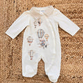 Tutina bimbo in 100% cotone panna con colletto rigato e stampa mongolfiere