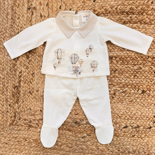 Tutina bimbo in 100% cotone panna con colletto rigato e stampa mongolfiere