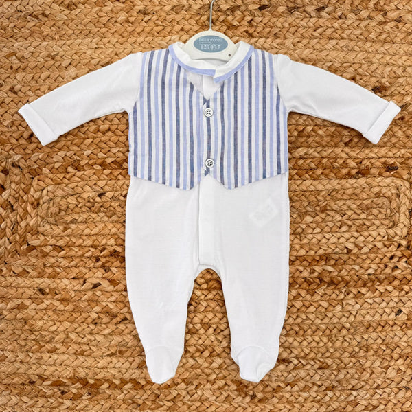 Tutina neonato in cotone con gilet rigato cucito – outfit estivo elegante per primo cambio