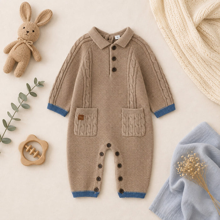Dettaglio tutina neonato in maglia con orsetto beige, colletto azzurro e finiture a contrasto