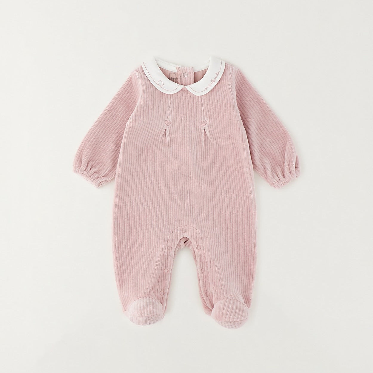 Tutina nascita neonata in ciniglia rosa a coste con colletto bianco ricamato, cuoricini e piedini