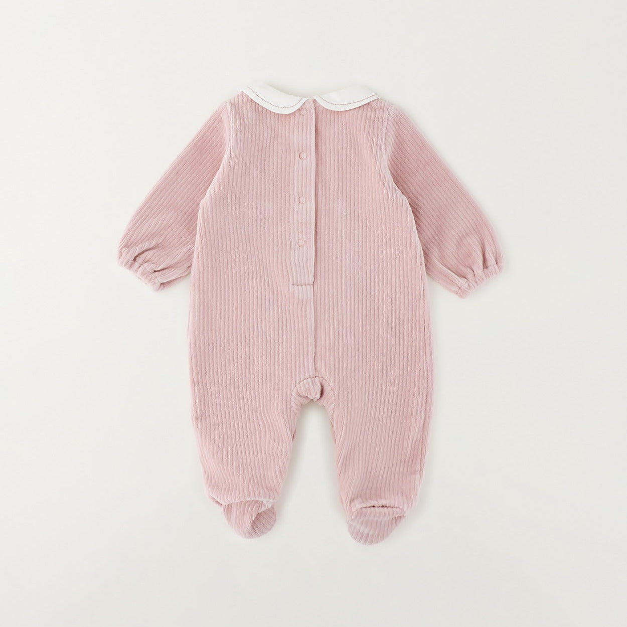 Tutina nascita neonata in ciniglia rosa a coste con colletto bianco ricamato, cuoricini e piedini
