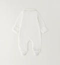 Tutina unisex in ciniglia panna con colletto, ricamo cuore e piedini per corredino nascita e baby shower
