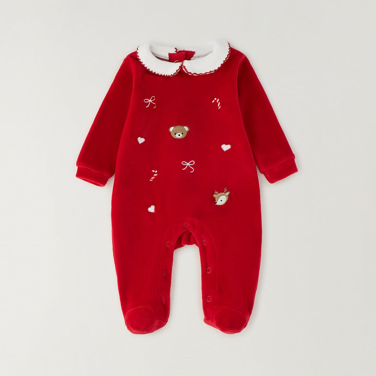 Tutina natalizia neonata rossa con colletto bianco, ricami di orsetto, renna e cuoricini