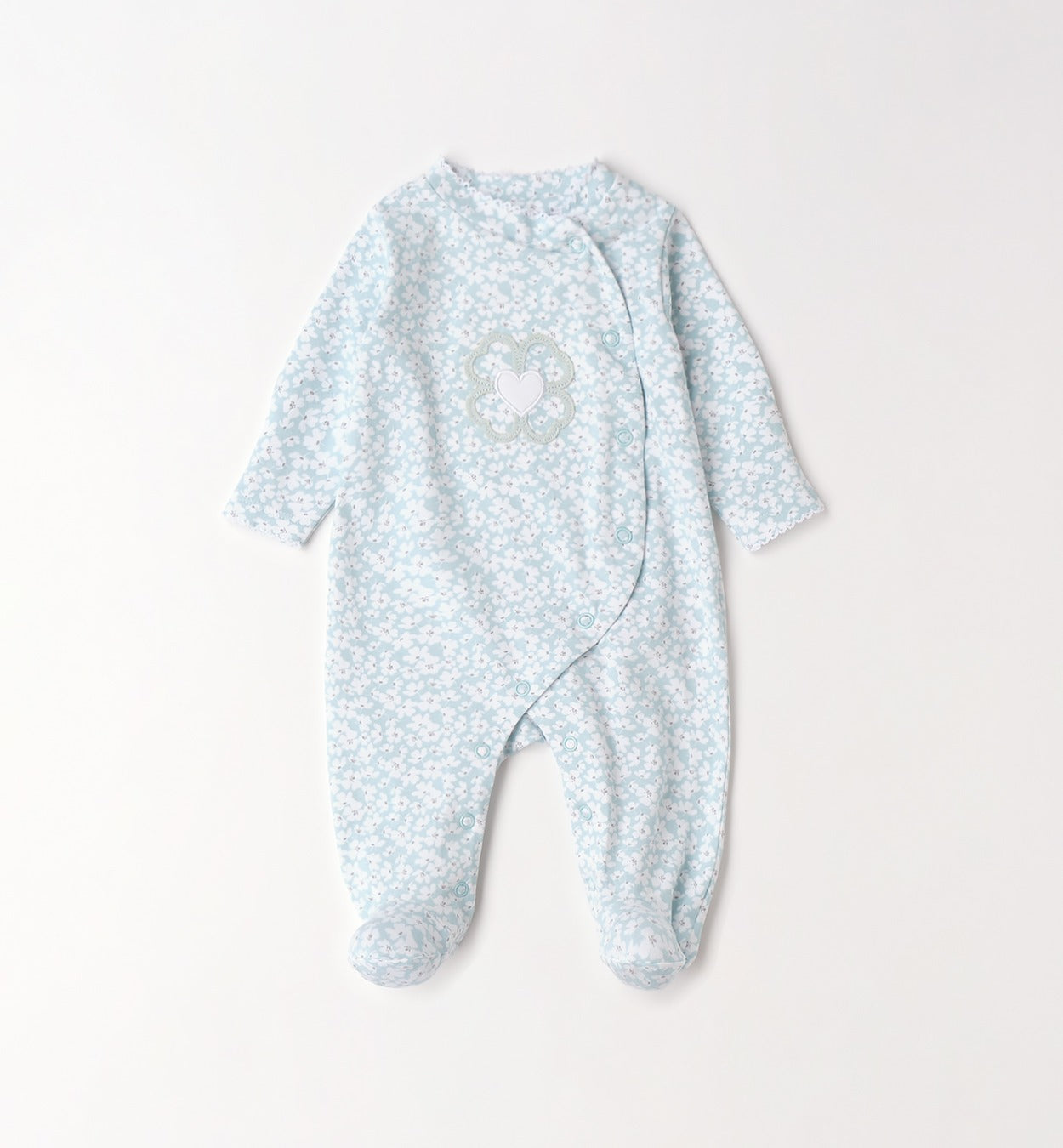 Tutina neonata 100% cotone fantasia floreale celeste con ricamo cuore frontale