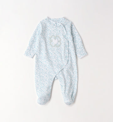Tutina neonata 100% cotone fantasia floreale celeste con ricamo cuore frontale