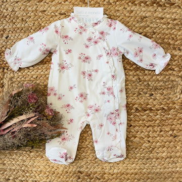 Tutina neonata 100% cotone panna con stampa floreale rosa