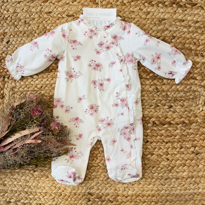 Tutina neonata 100% cotone panna con stampa floreale rosa