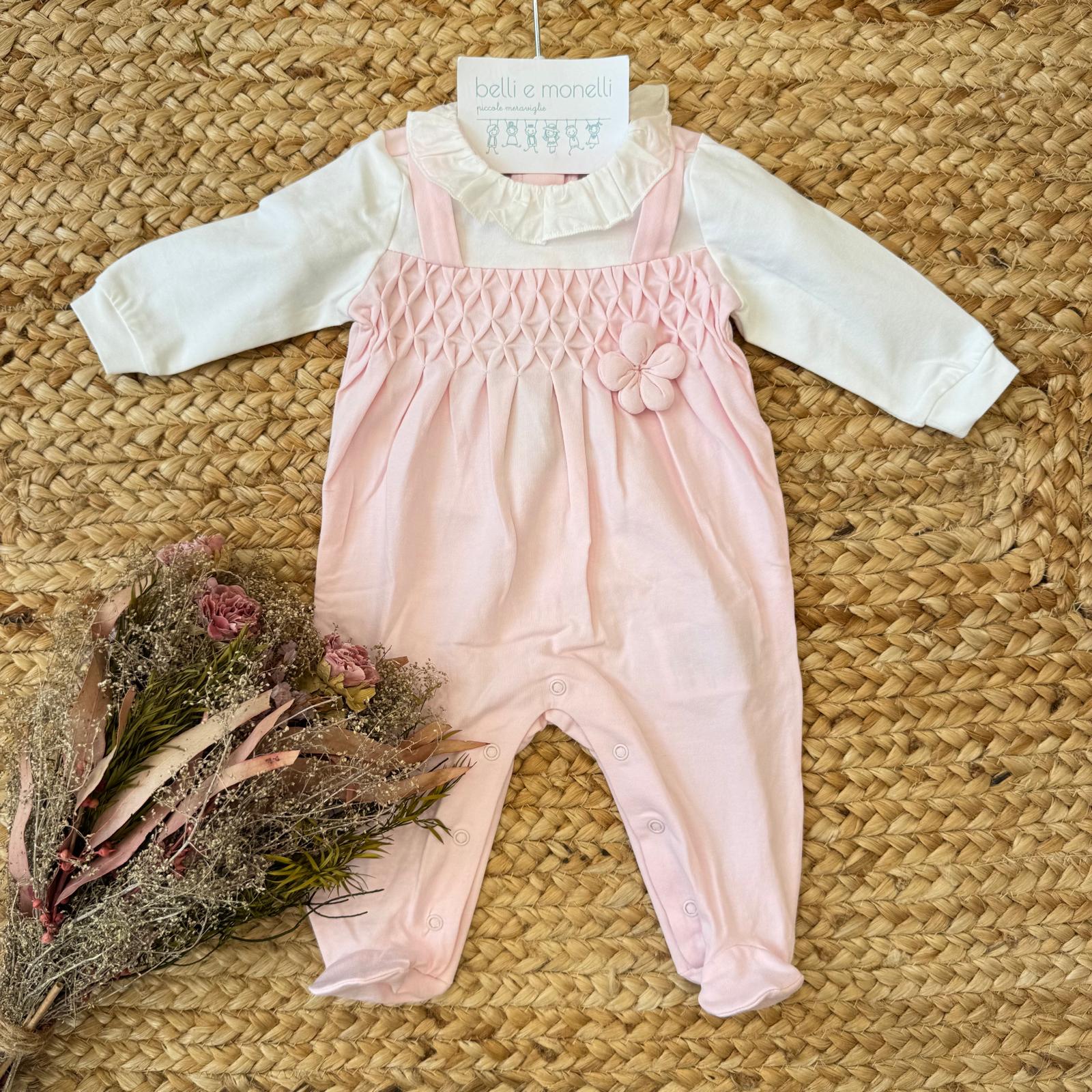 Tutina neonata 100% cotone rosa con colletto arricciato e fiore applicato