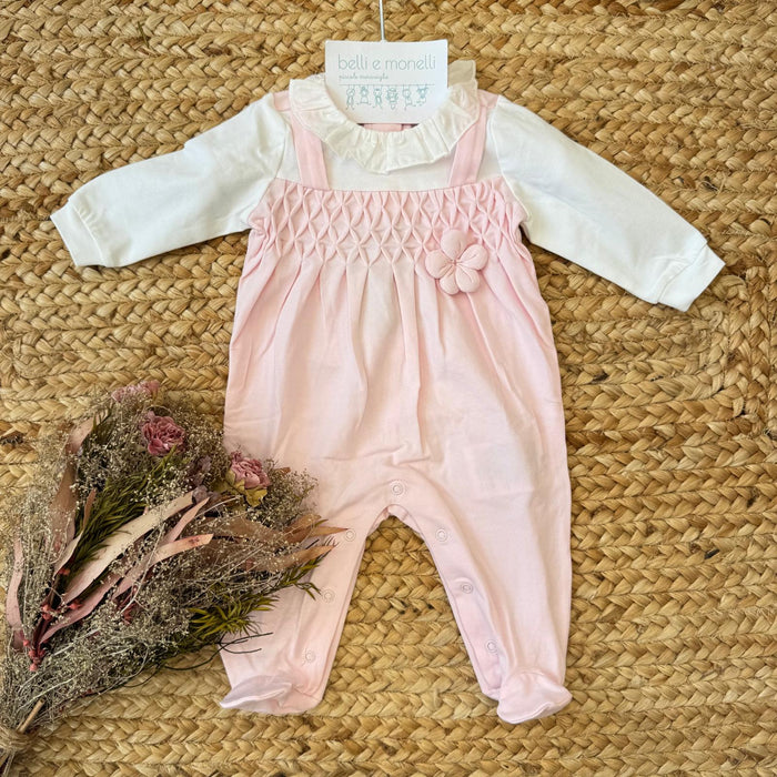 Tutina neonata 100% cotone rosa con colletto arricciato e fiore applicato