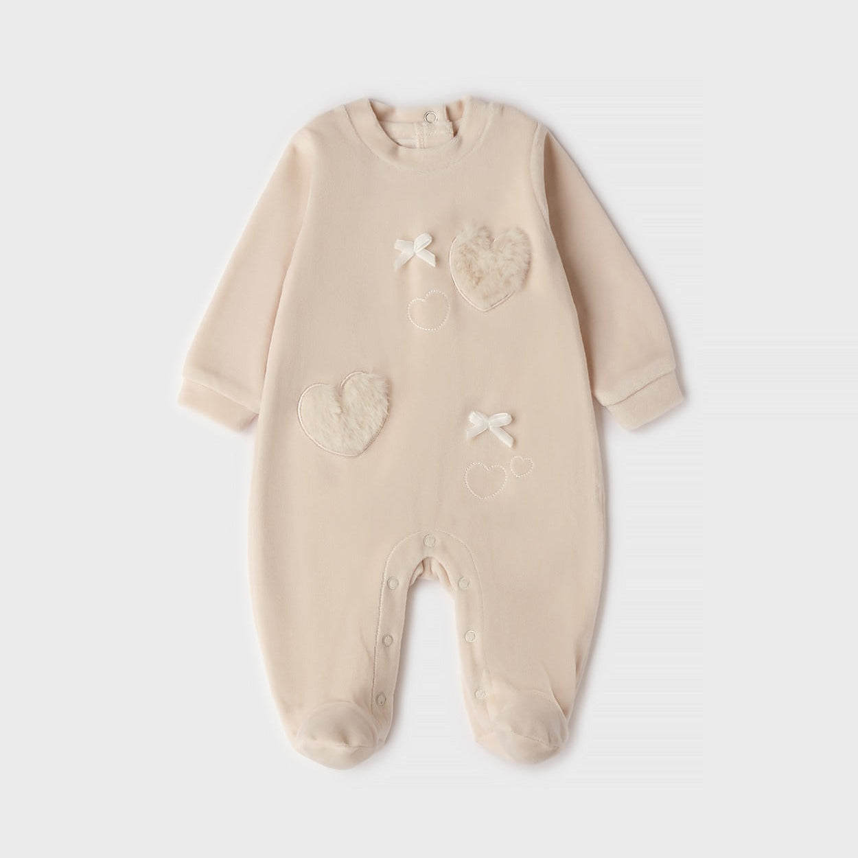 Retro tutina neonata beige in ciniglia con piedini e apertura con bottoncini
