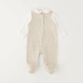 Tutina neonata in ciniglia beige con colletto bianco e piedini – set nascita neonata