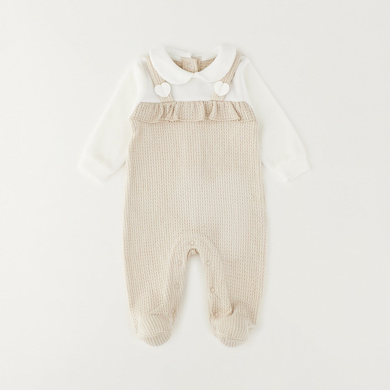 Tutina neonata in ciniglia beige con colletto bianco e piedini – set nascita neonata