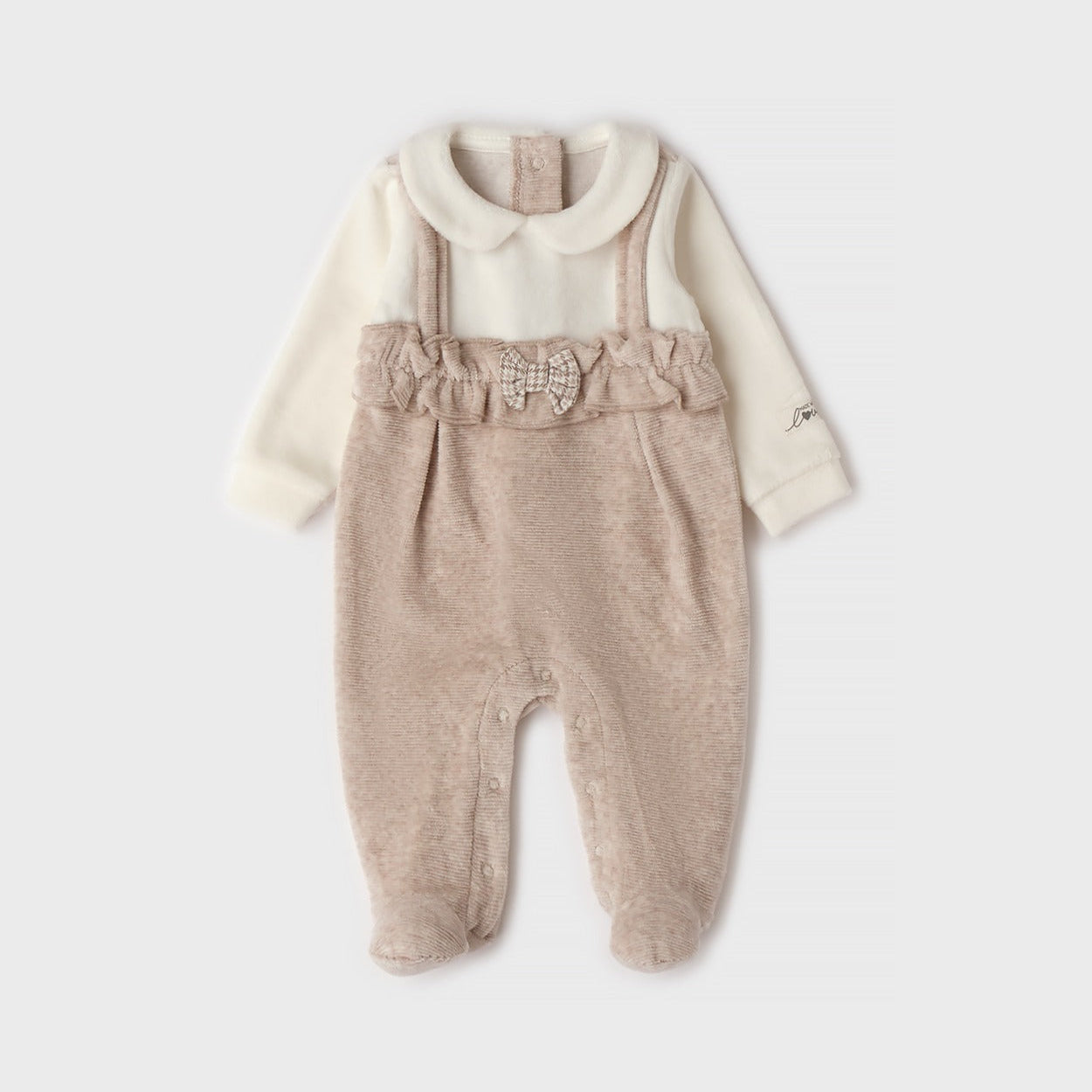 Retro tutina neonata in ciniglia panna e beige con piedini e apertura posteriore