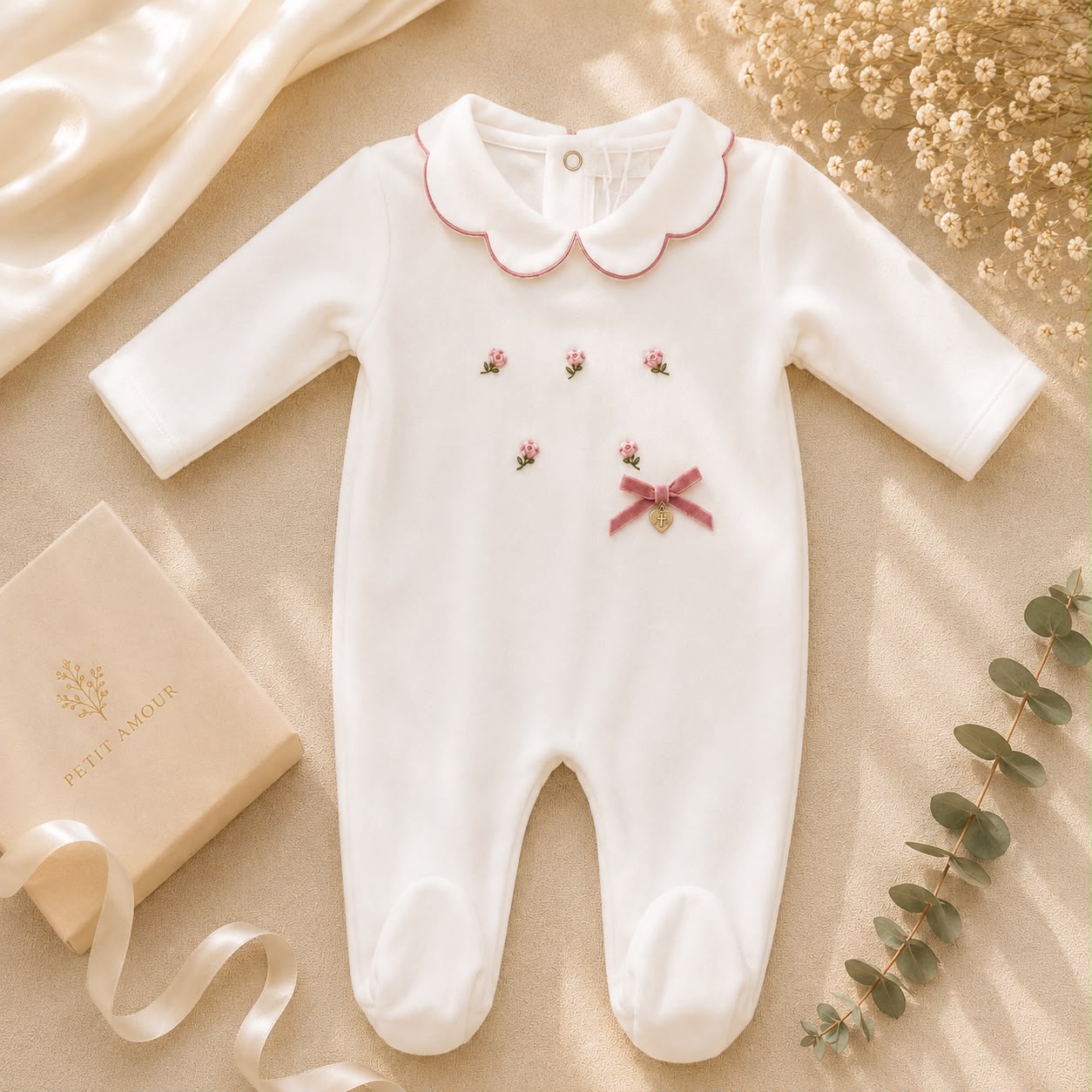 Tutina neonata in ciniglia panna con ricami floreali e fiocco rosa Made in Italy.