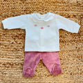 Tutina neonata in ciniglia rosa antico e latte con ricami floreali, completo nascita bambina