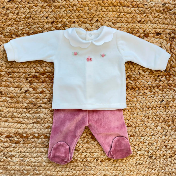 Tutina neonata in ciniglia rosa antico e latte con ricami floreali, completo nascita bambina