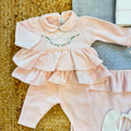 Uscita clinica neonata in ciniglia rosa con copertina, tutina e accessori coordinati
