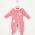 Tutina ciniglia neonata rosa con piedini e ricami, ideale per prima nascita e uscita clinica