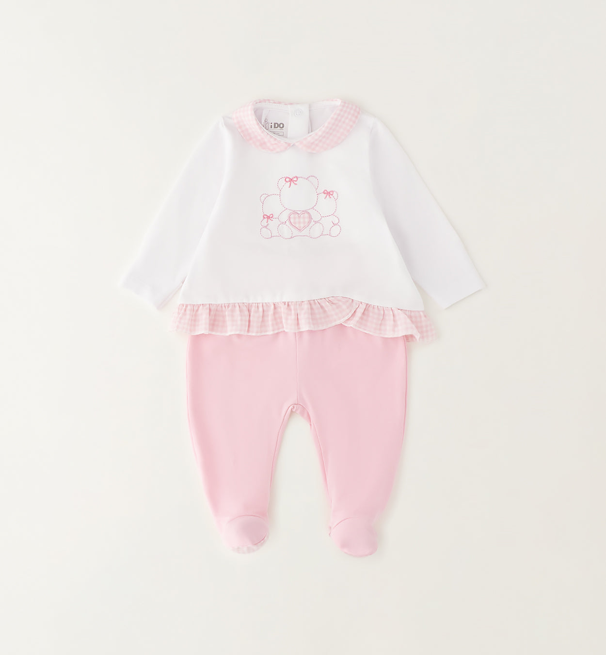Tutina neonata in cotone 100% bianca e rosa con colletto vichy vista frontale