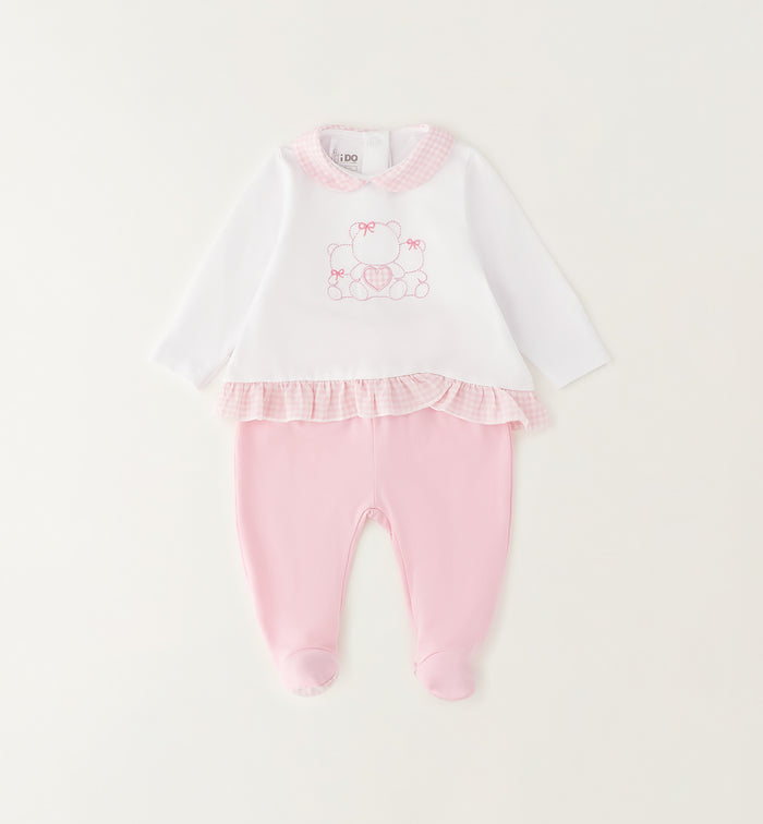 Tutina neonata in cotone 100% bianca e rosa con colletto vichy vista frontale