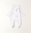 tutina neonata cotone bianco con cuori ricamati e fiore applicato