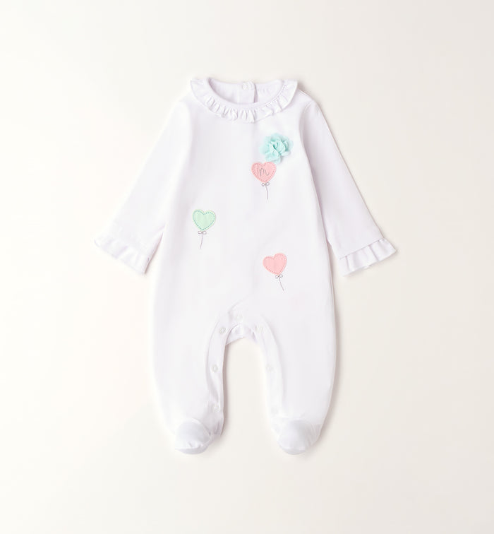 tutina neonata cotone bianco con cuori ricamati e fiore applicato