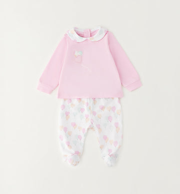 tutina neonata cotone due pezzi con maglia rosa e ghettina fantasia cuori