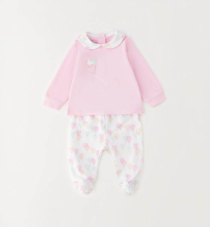 tutina neonata cotone due pezzi con maglia rosa e ghettina fantasia cuori