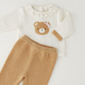 Tutina neonata in cotone e lana panna e cammello con orsetto e pantalone coordinato