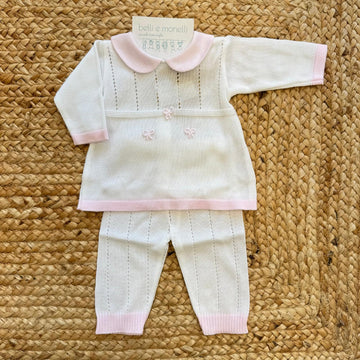 Tutina neonata cotone panna e rosa con fiocchetti