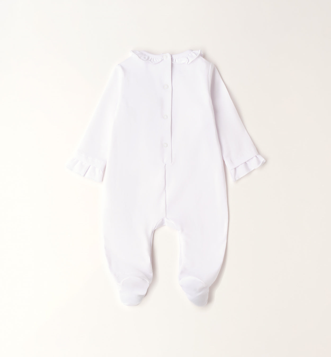tutina neonata cotone bianco con piedini e chiusura posteriore