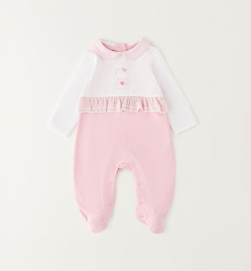 tutina neonata cotone rosa con ricamo orsetto e colletto vichy